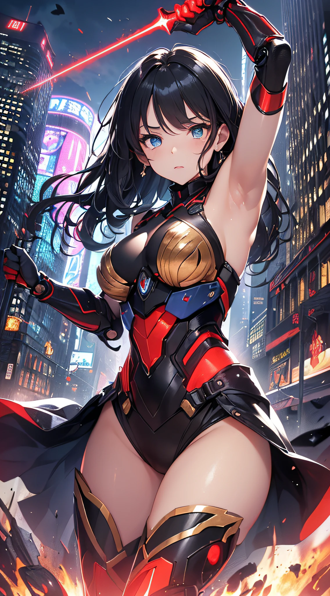 top-quality、Top image quality、​masterpiece、girl with((red and blue mechanical body armor、red mechanic arm、purple leg arms、Shining gold body line、sixteen years old、teen ager、cute little、Best Bust、big bast,Beautiful light blue eyes、Breasts wide open, Black hair semi-long、A slender,Large valleys、belligerent movements,glowing whip、Warlike face、fighting poses、red glowing shield、red glowing beam saber)),hiquality、Beautiful Art、Background with((New York City、Pillar of fire,)))、Depth((Black Giant Robot)),masutepiece、depth of fields,Cinematic style