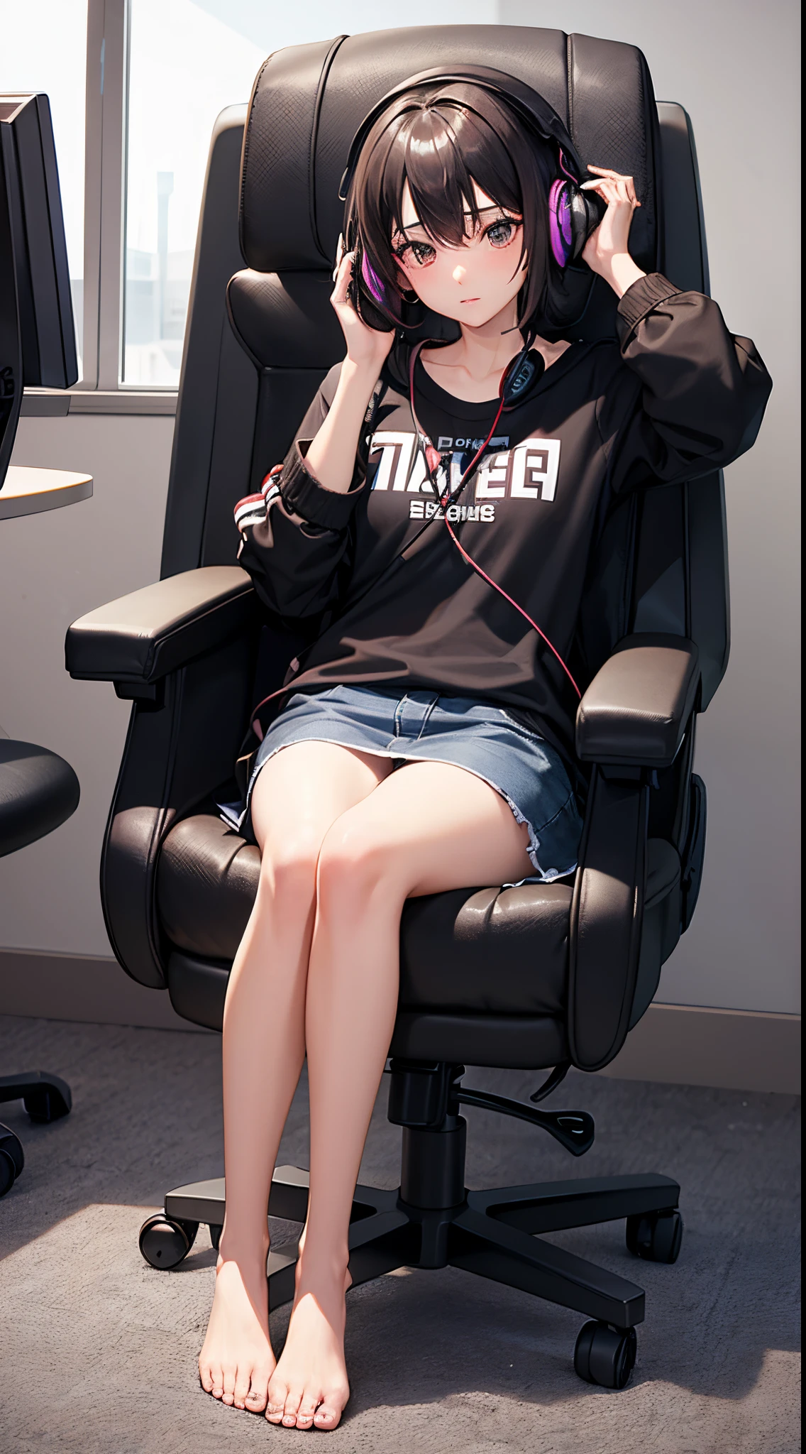 18yo Girl。Sit in a gaming chair。Hold your knees。Feet on the chair。Headphones on the head。Dewy and smooth skin。Nice looking feet