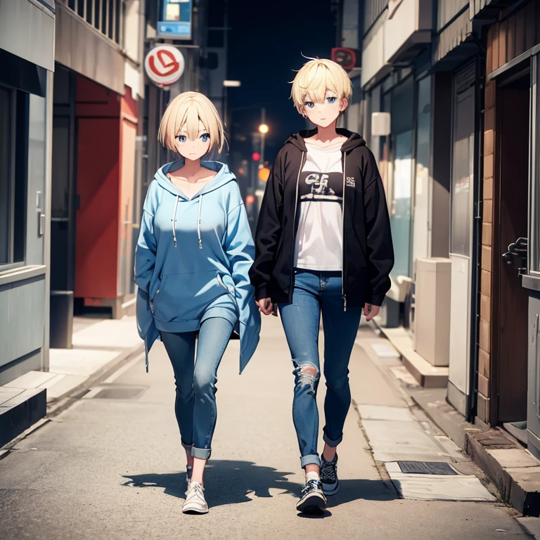 2D Anime Style、Blue eyes、breasts are slightly larger、A cool adult woman with short blonde hair and a serious expression....、Fashion wearing a hoodie, Baggy long denim pants and long coat, Full body illustration、Walking around the city alone,