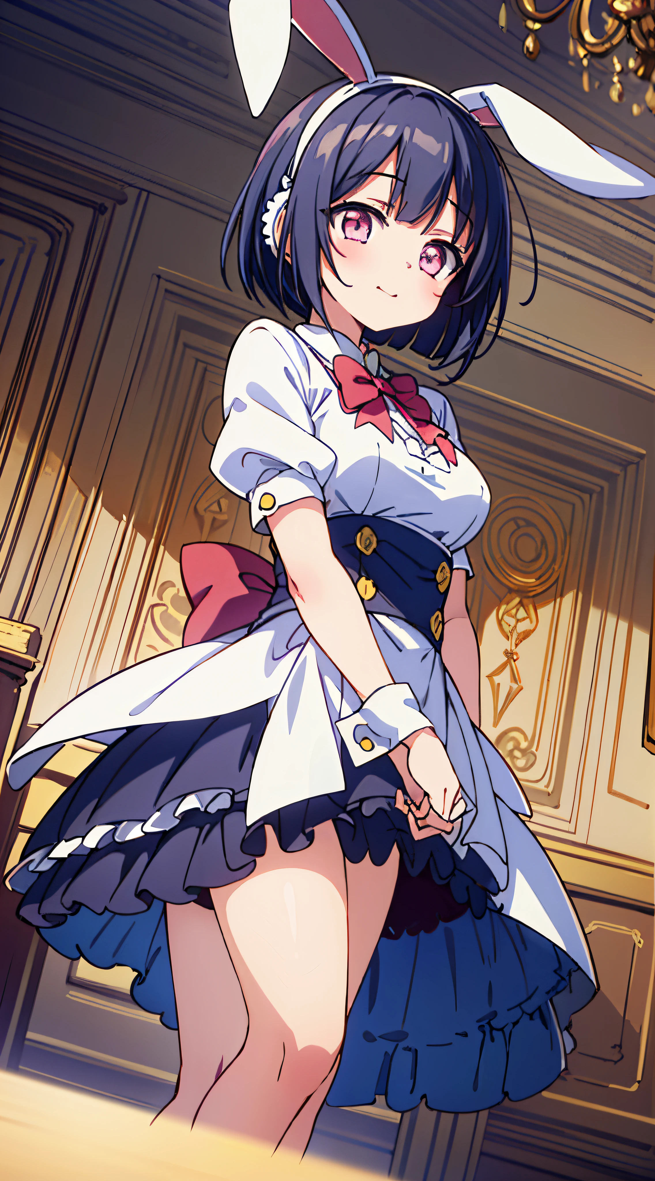 [anime styled]],[[digitalart]],1girl,solo,(portrait),Tomomi_saikyou,black hair,Short hair,bob cut,hair ribbon,midium build,1girl in,short torso,anime screen cap,cel shading,smile, blush,(strong light),((brighten the subject)),classroom,(chair),(sitting),white shirt,,short sleeves,summer uniform,((upskirt)),((skirt lift)),(tucking up the skirt),(white panties)
