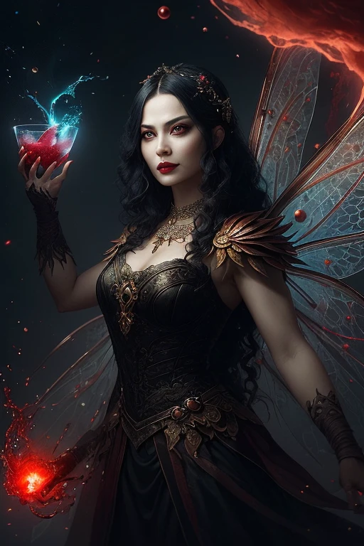 Depict the face of the fairy mother that initially appears kind-hearted but is actually filled with a thirst for blood and vengeance.