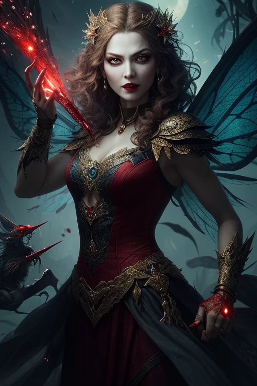 Depict the face of the fairy mother that initially appears kind-hearted but is actually filled with a thirst for blood and vengeance.