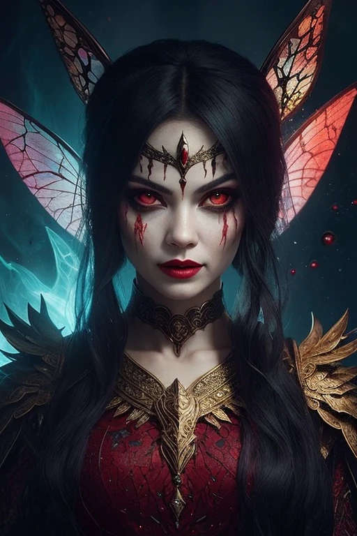 Depict the face of the fairy mother that initially appears kind-hearted but is actually filled with a thirst for blood and vengeance.