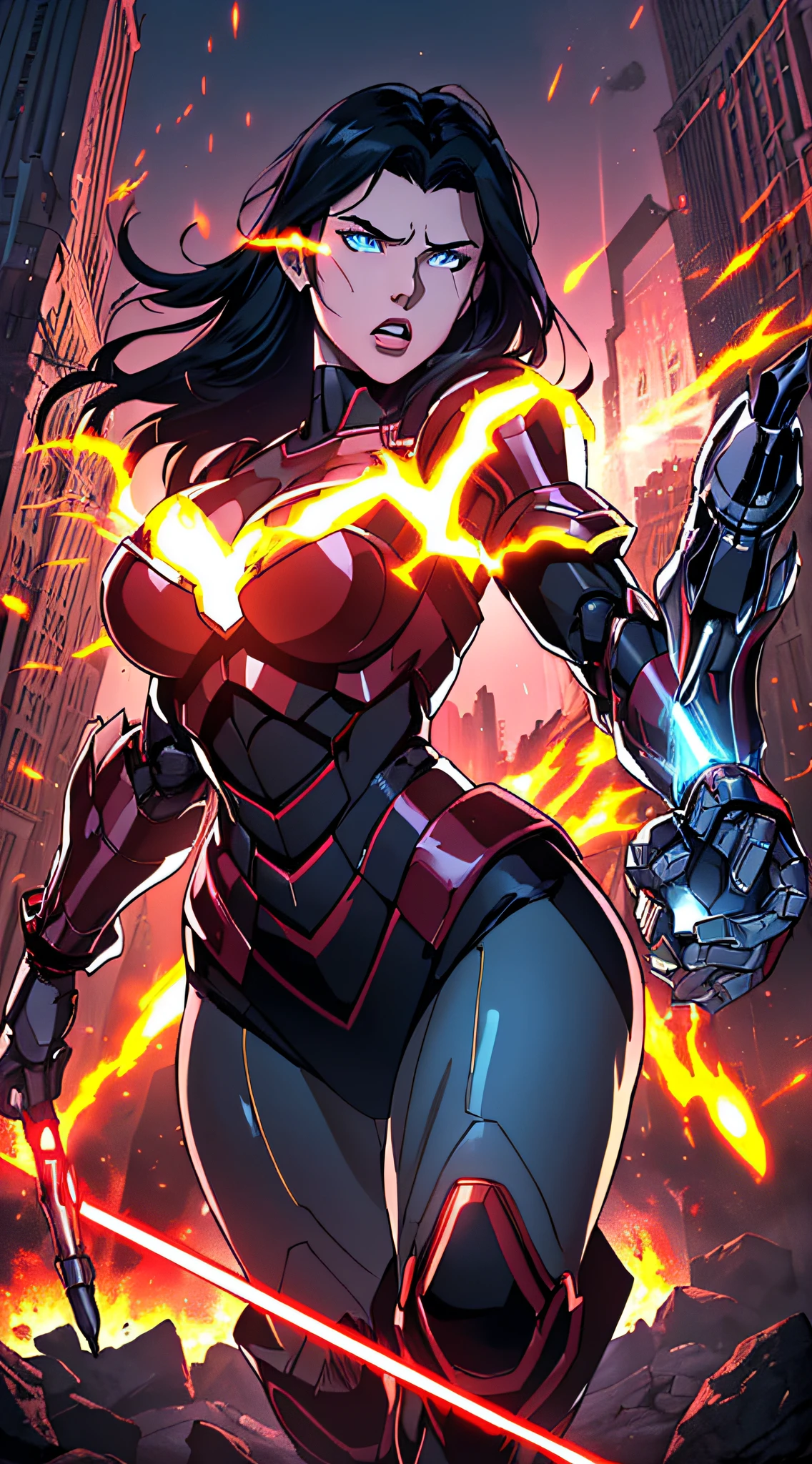 top-quality、Top image quality、masterpiece、girl with((red and blue mechanical body armor、red mechanic arm、purple leg arms、Shining gold body line、、teen ager、cute lit Bust、big bast,Beautiful light blue eyes、Breasts wide open, Black hair semi-long、A slender,Large valleys、belligerent movements,glowing whip、Warlike face、fighting poses、red glowing shield、red glowing beam saber)),hiquality、Beautiful Art、Background with((New York City、Pillar of fire,)))、Depth((Black Giant Robot)),masutepiece、depth of fields,Cinematic style