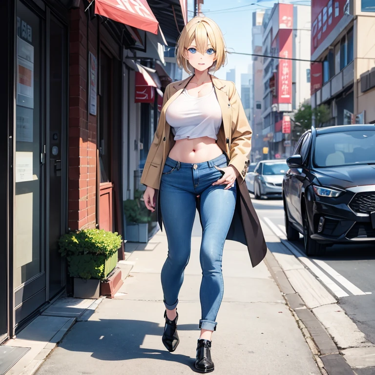 2D Anime Style、Blue eyes、breasts are slightly larger、A cool adult woman with short blonde hair and a serious expression....、Fashion that shows your stomach, Straight long denim pants and long coat, Full body illustration、Walking around the city alone,