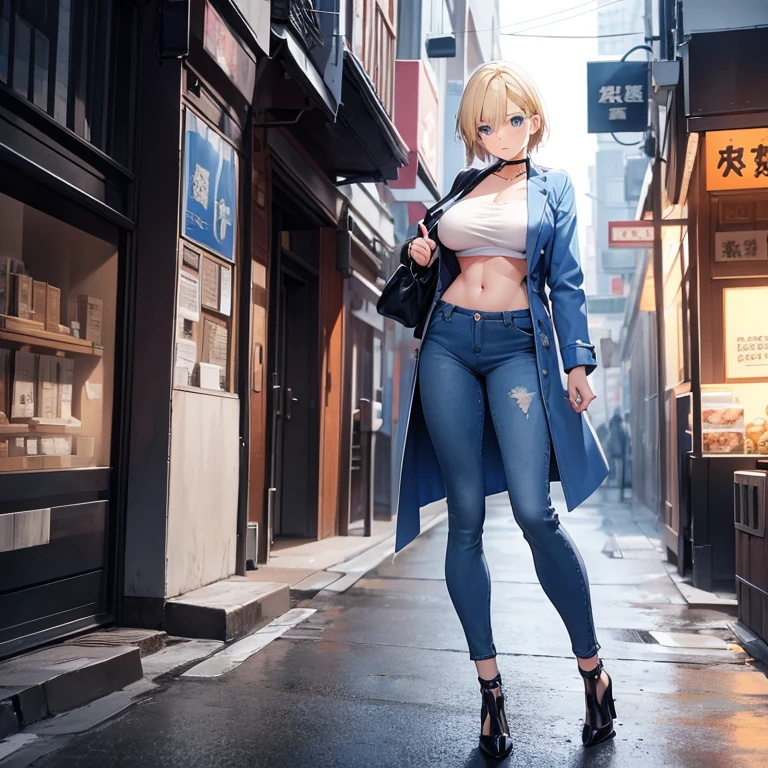 2D Anime Style、Blue eyes、breasts are slightly larger、A cool adult woman with short blonde hair and a serious expression....、Fashion that shows off your stomach, Straight long denim pants and long coat, High heeled shoes,Full body illustration、Walking around the city alone,