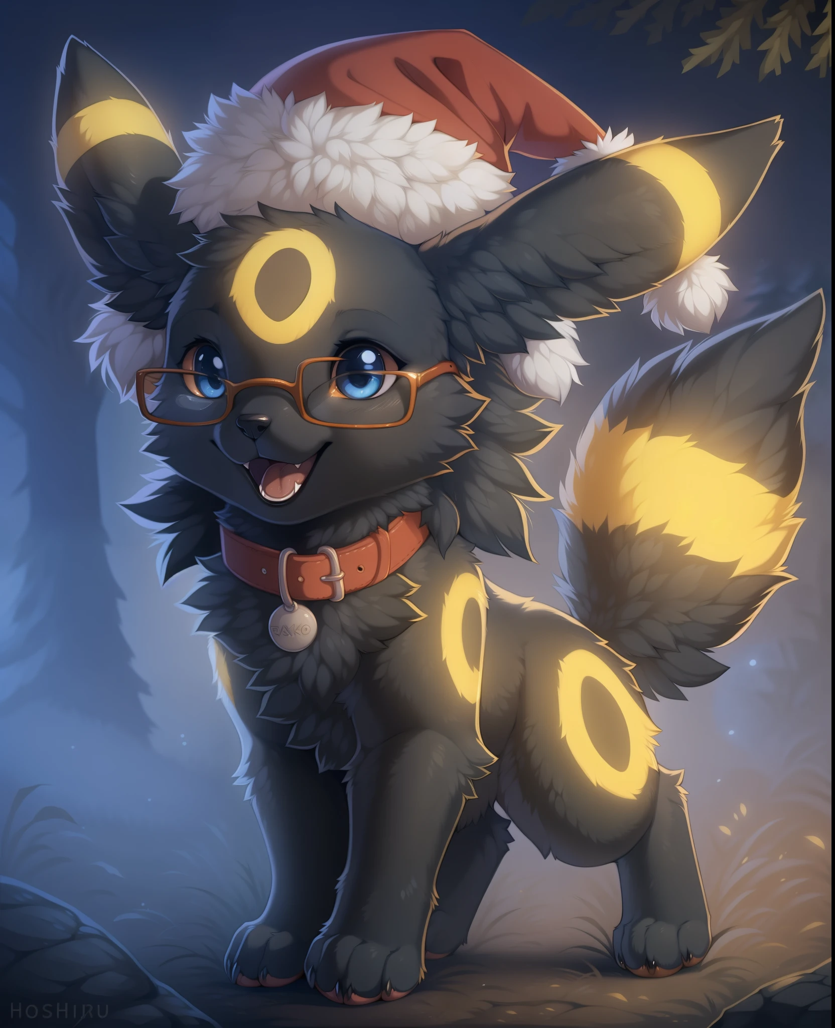 [by Hioshiru],furry, Feral, Pokemon, Long fluffy hair, glasses, Umbreon with dark grey fur, glasses, Blue eyes, Happy, canine paws, paws for hands, short height, shortstack, crawling, heavy, collar, walkies, perk,Wearing Christmas hat between ears