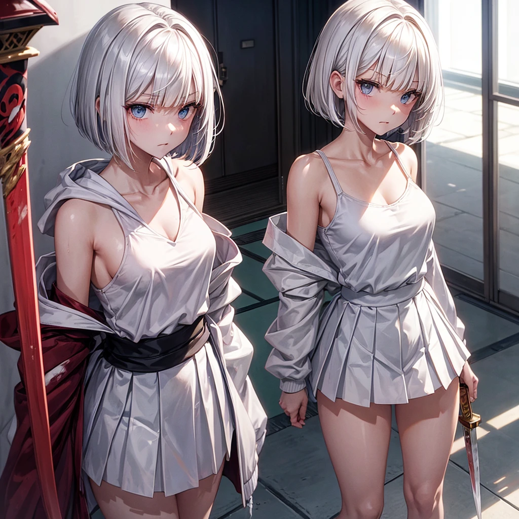 school hallway、white fluffy short bob hair、Angry Beauty、Holding a blood-soaked Japan sword.、Dignified、sheer white mini dress、White pleated skirt、hoodie worn up to the shoulders、A sexy