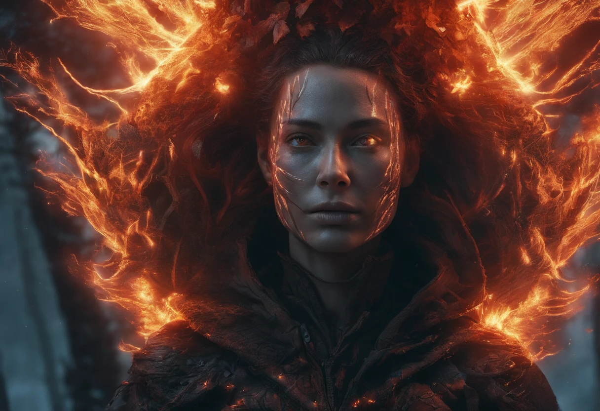 Envision a cinematic and realistic portrayal of a woman wielding fire power in a dense forest. Her face, meticulously detailed for accuracy, reflects both determination and the intensity of her abilities. The play of light and shadow in the forest accentuates the natural environment, as the flames she commands cast a warm glow, creating a visually striking contrast.

In this realistic scene, the woman's features are finely crafted, capturing the intricacies of her expression as she harnesses the elemental power. The forest, with its detailed foliage and atmospheric lighting, adds depth to the cinematic atmosphere. Each strand of her hair and every detail of her attire contribute to the immersive experience, ensuring a faithful representation.

As she stands amidst the trees, the interplay of firelight on her face creates a dynamic visual, enhancing the realism of the moment. This cinematic portrayal aims to convey not only the power of the woman with fire but also the atmospheric beauty of the forest in a realistic and detailed manner.