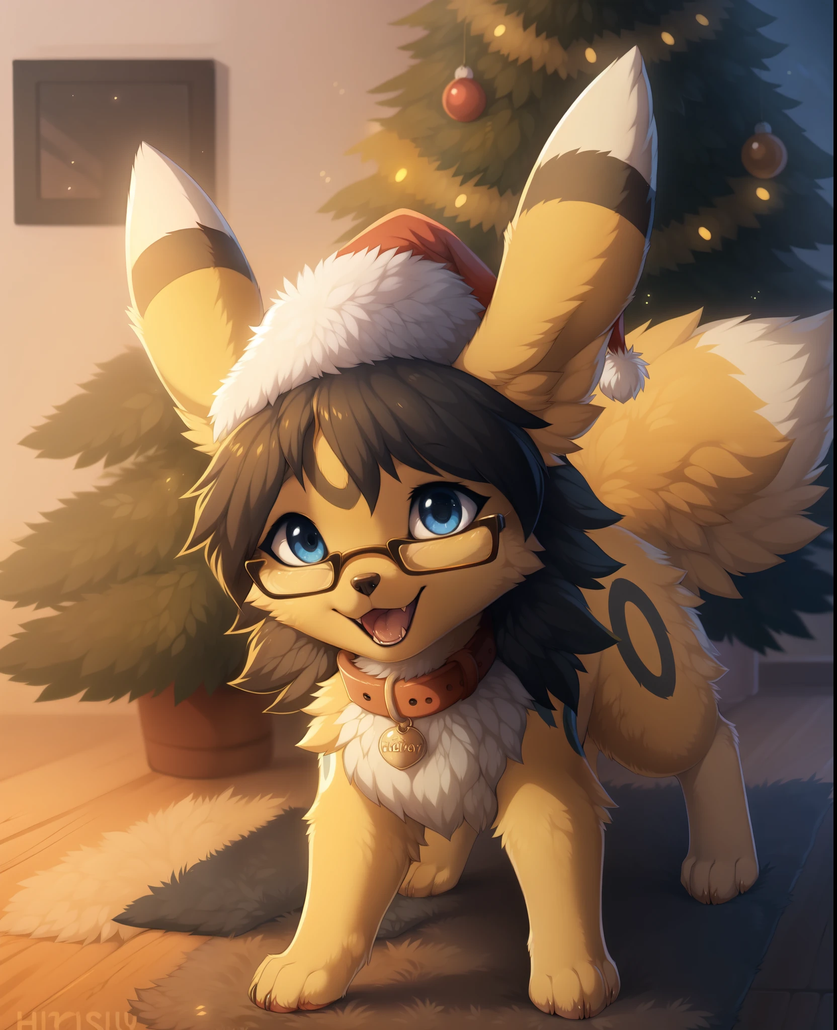 [by Hioshiru],furry, Feral, Pokemon, Long fluffy hair, glasses, Umbreon with brunette fur, glasses, Blue eyes, Happy, canine paws, paws for hands, short height, shortstack, crawling, heavy, collar, walkies, perk,Wearing Christmas hat between ears