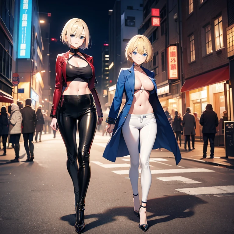 2D Anime Style、Blue eyes、breasts are slightly larger、A cool adult woman with short blonde hair and a serious expression....、Fashion that shows off your stomach, long leather pants and long coat, high heeled shoes,Full body illustration、Walking around the city alone,
