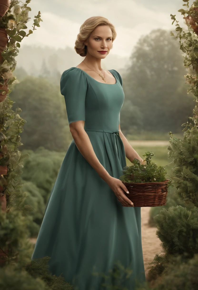 An image of Serena holding a young potted sapling, carefully planting it in the soil with a determined expression,The Handmaid's Tale,Serena Joy, a pivotal character in “The Handmaid’s Tale,” exudes a composed and elegant demeanor, her appearance characterized by the traditional, modest attire mandated for wives in Gilead, often in shades of teal. Her poised exterior, with meticulously styled hair and a stern yet beautiful face, belies the complexity and turmoil beneath.