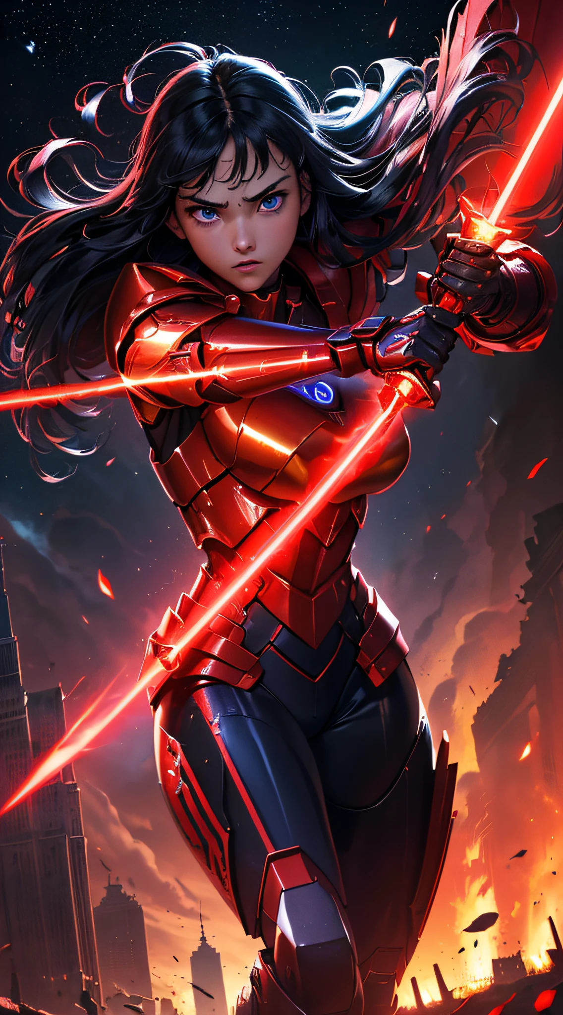 top-quality、Top image quality、masterpiece、girl with((red and blue mechanical body armor、red mechanic arm、purple leg arms、Shining gold body line、sixteen years old、teen ager、cute little、Best Bust、big bast,Beautiful light blue eyes、Breasts wide open, Black hair semi-long、A slender,Large valleys、belligerent movements,glowing whip、Warlike face、fighting poses、red glowing shield、red glowing beam saber)),hiquality、Beautiful Art、Background with((New York City、Pillar of fire,)))、Depth((Black Giant Robot)),masutepiece、depth of fields,Cinematic style