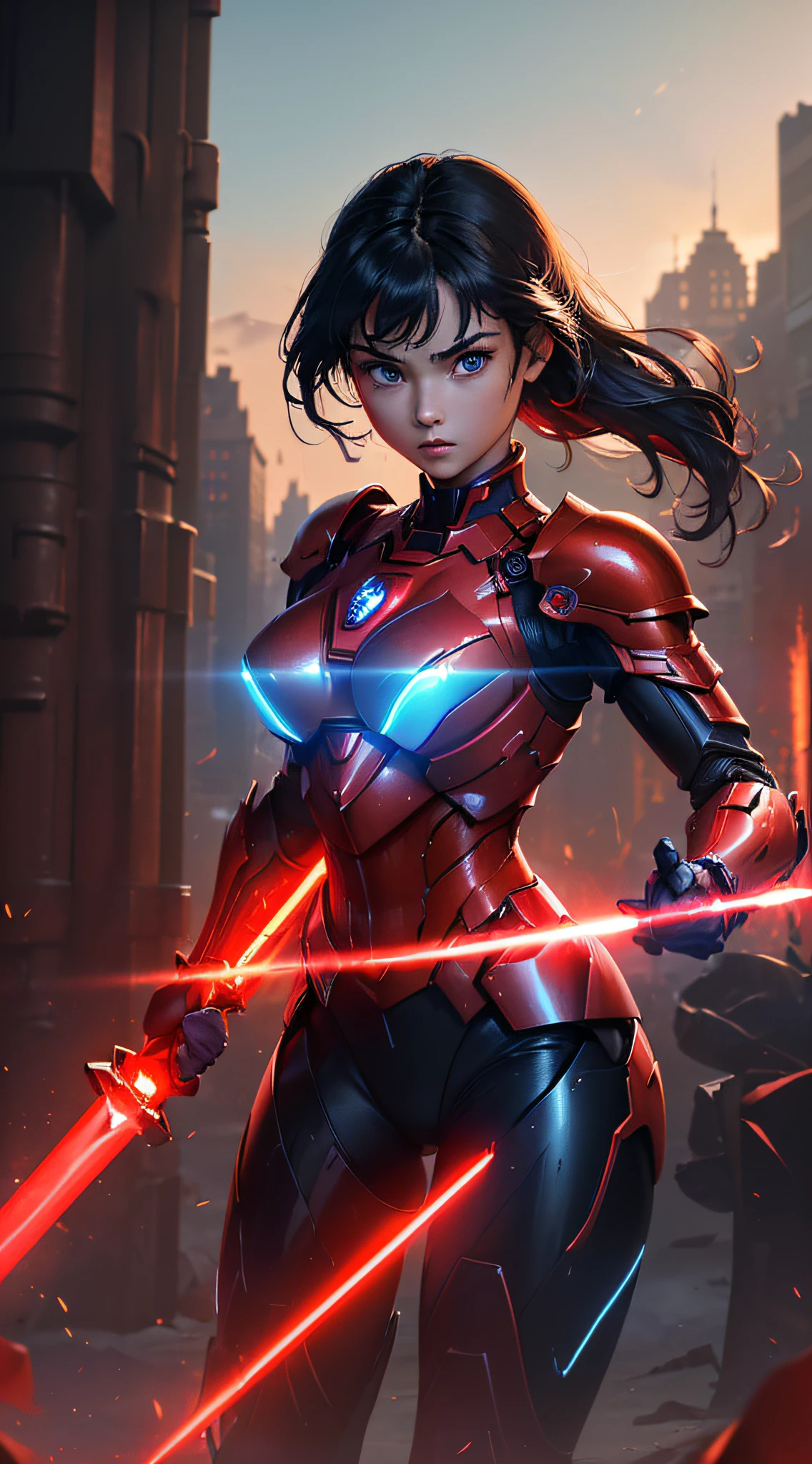 top-quality、Top image quality、masterpiece、girl with((red and blue mechanical body armor、red mechanic arm、purple leg arms、Shining gold body line、sixteen years old、teen ager、cute little、Best Bust、big bast,Beautiful light blue eyes、Breasts wide open, Black hair semi-long、A slender,Large valleys、belligerent movements,glowing whip、Warlike face、fighting poses、red glowing shield、red glowing beam saber)),hiquality、Beautiful Art、Background with((New York City、Pillar of fire,)))、Depth((Black Giant Robot)),masutepiece、depth of fields,Cinematic style