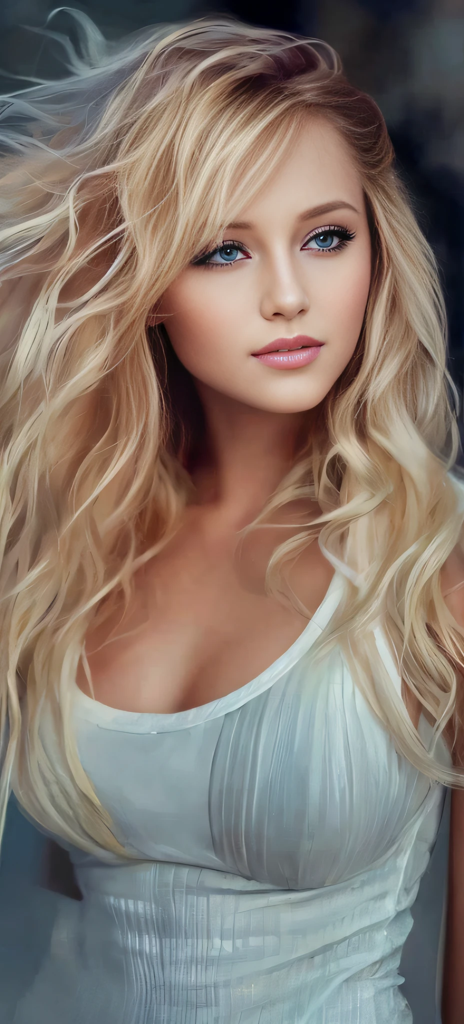 (best quality,4k,highres,ultra-detailed,realistic:1.2),physically-based rendering,professional,portrait,full body shot,gorgeous European woman,age 23,playmate,men magazine model,wavy hair,beautiful detailed eyes,beautiful detailed lips,white panel,relaxed pose,soft lighting,vibrant colors