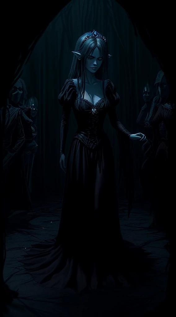 Convey a dark and mysterious ambiance reflecting the sinister side of the fairy mother character who will assist Cinderella in the forthcoming gruesome scenes.