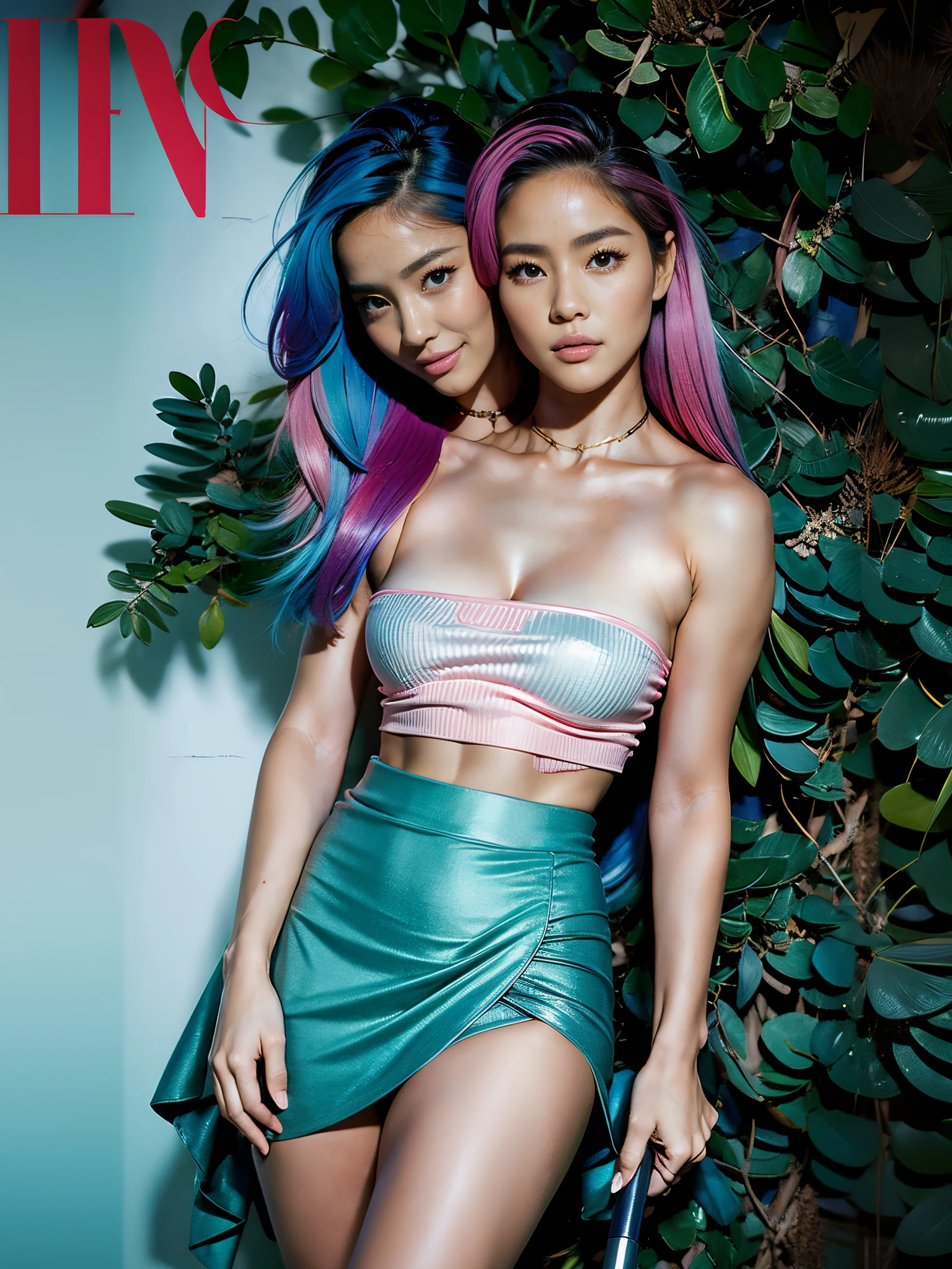 (Two Heads), korean woman in a blue tube-top and pink mini-skirt, clear face, perfect eyes, leg and hip shot, teal skirt, pink hair, blue hair, different-coloured hair, extremely long hair, hair reaching the floor, perfect anatomy, heads spaced close together on chest, isabela moner, pokimane, leg shot, leg and thigh shot, cover shot, hip and leg shot, golf digest, gorgeous female jade tailor, sexy face, sexy face with full makeup, detailed flawless face, conjoined