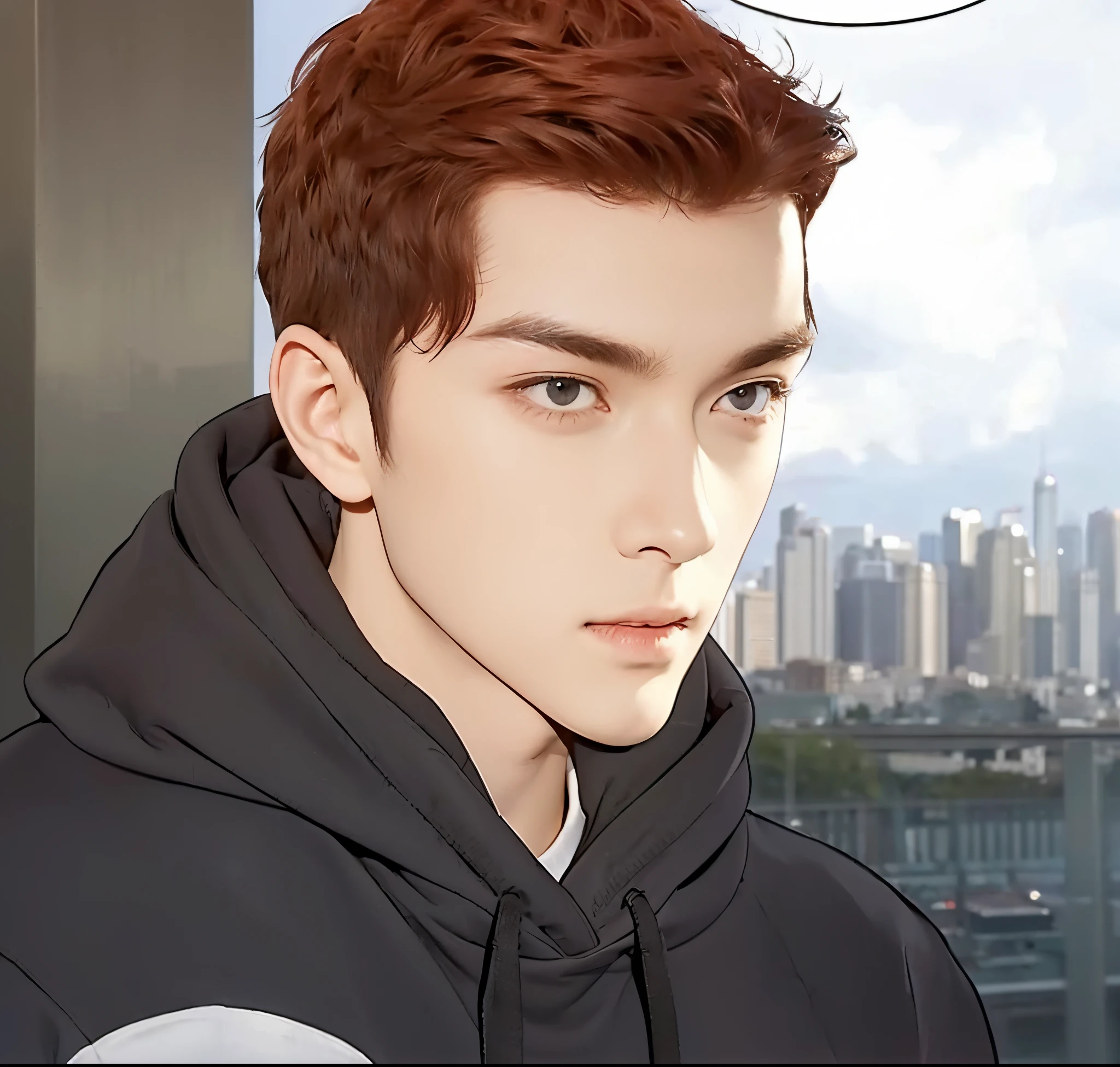 Close-up of a man in a hoodie and a cityscape,  man with realistic short thick red hair, exactly the same hairstyle, realistic beautiful face, realistic expression serious face, adapt the same clothes, realistic black suit, Realistic light, realistic shadows, Realistic ultra high res background.phutorealistic:1.4,UHD.  Realistic，High resolution without, Masterpiece, Best Quality, Ultra-detailed, better shadow, voluminous lighting), Super High Quality, High Resolution, 8K, Hyperrealistic portrait , photorealestic, dinamic lighting, voluminous lighting, Very Detailed Faces