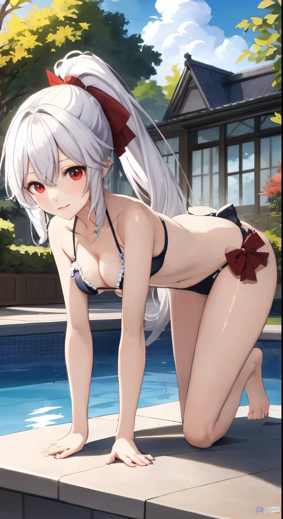 A woman wearing a bikini and a red bow sits on the pool, Seductive girl, finely detailled. Girl Front, azur lane style, From《Azur route》videogame, fleet collection style, From the maiden front, 《Azur route》role, 4k konachan wallpaper, perfect white hair girl, splash ink art , Girly frontline style