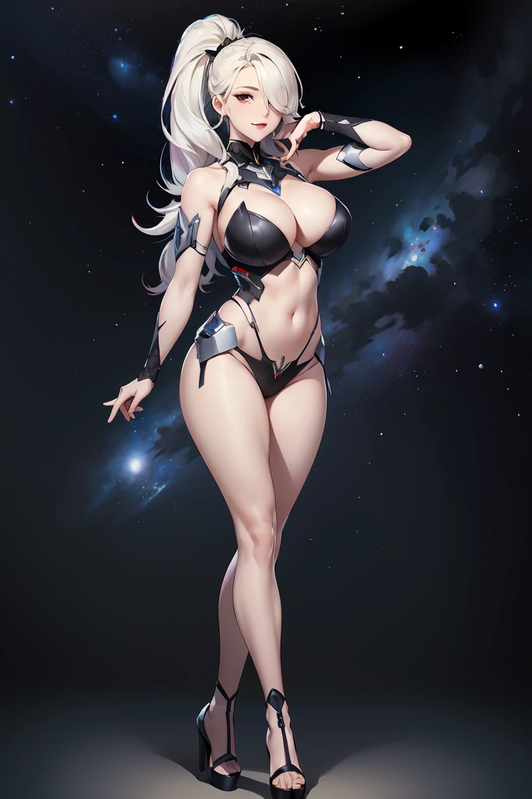 (Best quality,Unbeatable masterpiece:1.4),Ultra-detailed CG 4K,Black metal mech，Single high ponytail，Metal heels，Huge cleavage，Nipple presentation，Long white hair，AS-Adult，hair covering one eye，smooth thigh，standing with legs apart，in the stars，face to the viewer，Nipple presentation，navel