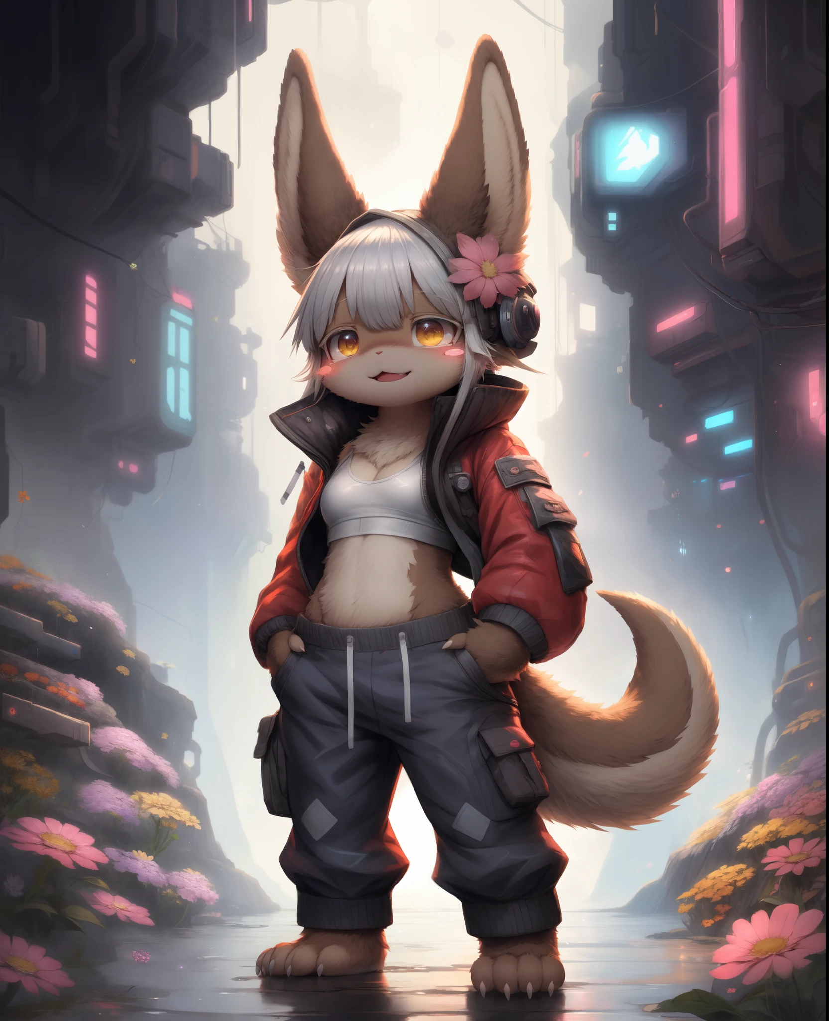 nanachi \(made in abyss\), nanachipants, nanachihat, in a cyberpunk city, shiny splastic bomber jacket, flowers, brown fur body, big brown ears, white sports bra，Cute and detailed digital art, Very very beautiful furry art, Detailed fanart, high-quality wallpaper,  furry fantasy art, Popular topics on artstation pixiv,