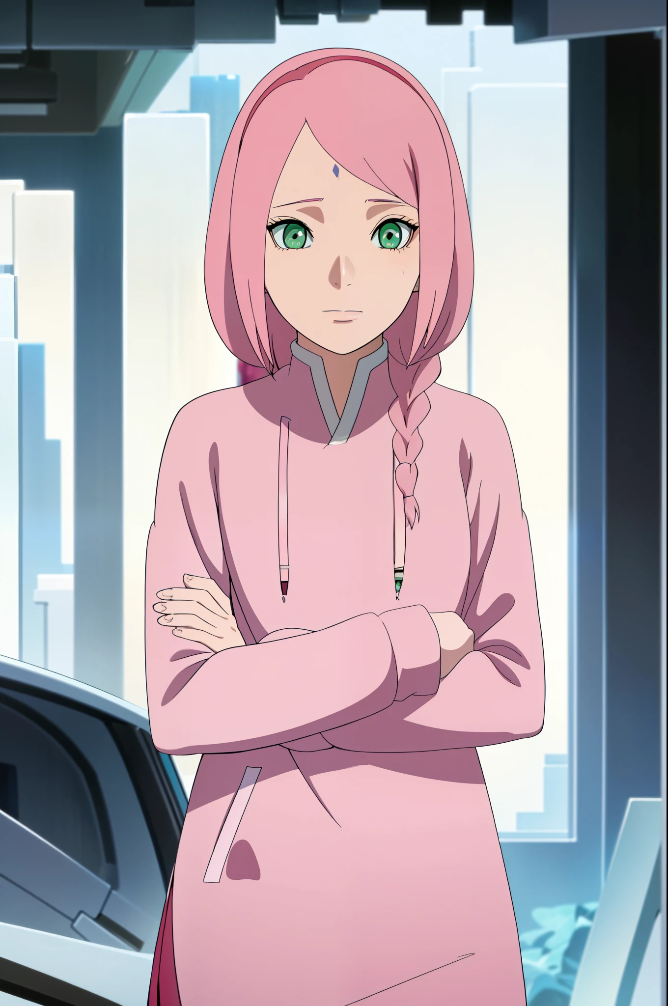 masterpiece, best quality, high quality, 1girl, solo, looking at viewer, upper body, mei, pink hair, braid, green eyes, , hoodie