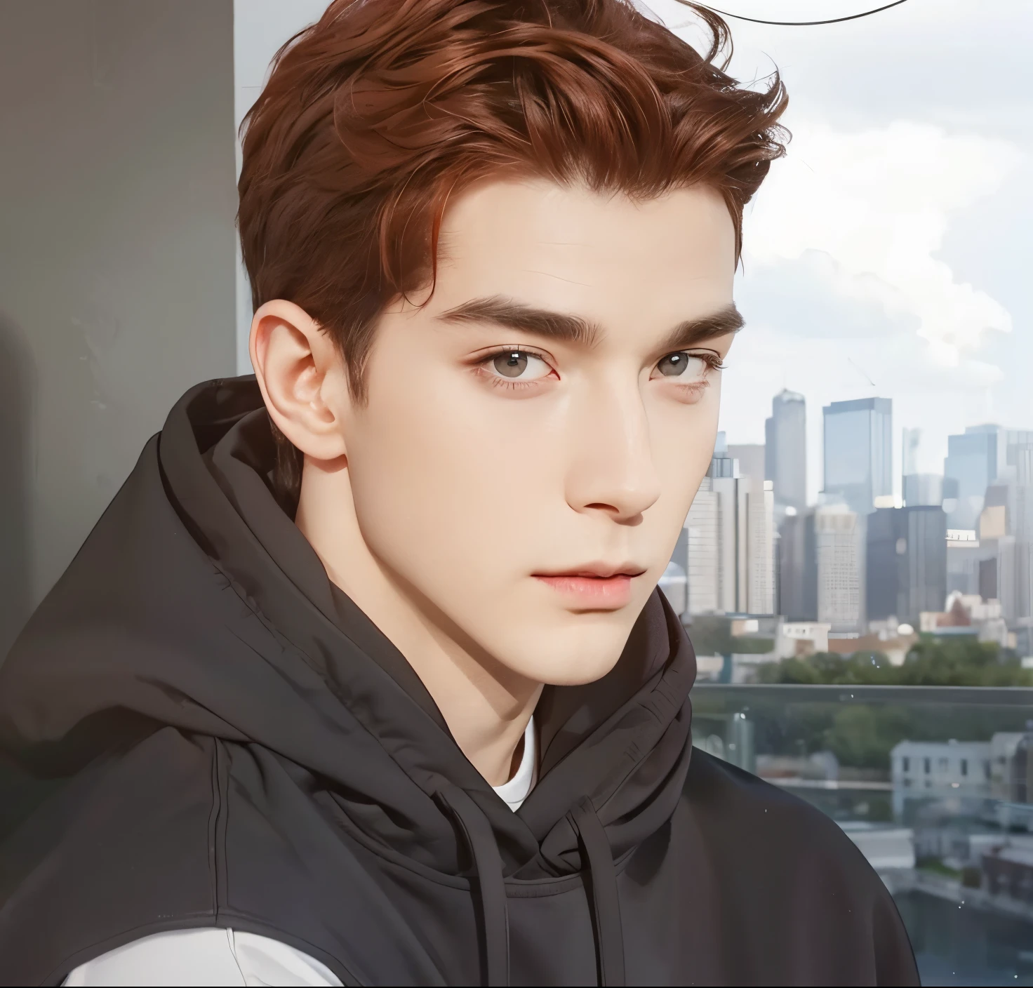 Close-up of a man in a sweatshirt and a cityscape, man with realistic short thick red hair, exactly the same hairstyle, realistic beautiful face, realistic expression serious face, adapt the same clothes, realistic black suit, Realistic light, realistic shadows, Realistic ultra high resolution background.photo-realistic:1.4,UHD. Realistic,High resolution without, Masterpiece, Best Quality, Ultra-detailed, better shadow, voluminous lighting), Super High Quality, High Resolution, 8K, Hyper-realistic portrait , photorealestic, dinamic lighting, voluminous lighting, Very Detailed Faces