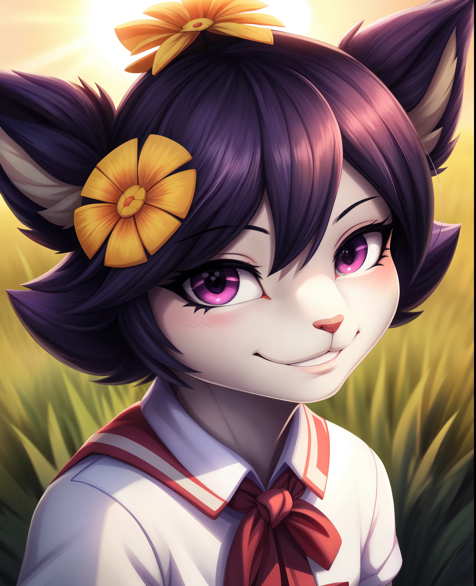 animedot, 1girl, furry female, anthro, portrait, close-up,  school uniform, serafuku, fur trim, solo, body fur, (best quality), (detailed grass background:1.2), bright sun lighting, detailed fluffy fur, looking at viewer,   hair flower, smile,