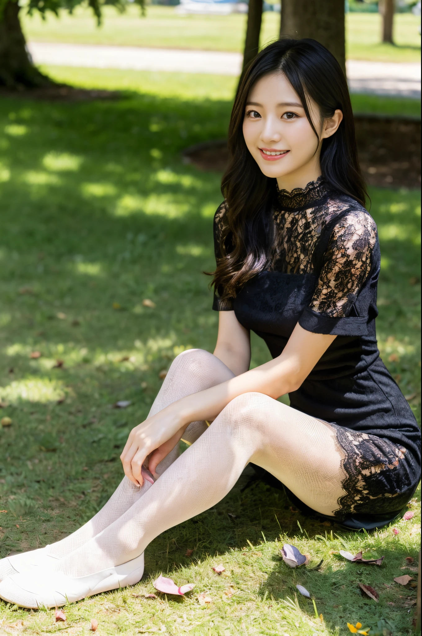 ulzzang -6500-v1.1, (Raw photo:1.2), (Photorealsitic),(Real: 1.4),  Popular actresses、 (strapless black lace dress:1.3)、(Ultra-realistic pantyhose:1.2), game_nffsw,  Ultra-realistic skin texture、shinny skin、Exposed thighs!!!、Smile of shame、Sitting on the lawn、Pose for shooting、Sunlight、Quiet park、