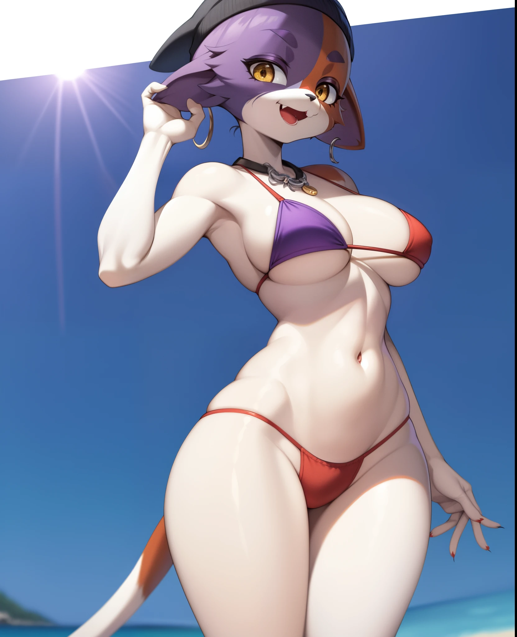 (best quality, masterpiece:1), solo, (shaded face:1.2), furry female anthro meowskulls, (pink nose:1.3), standing, cat tail, smile, looking at viewer, open mouth, necklacewide-eyed, beanie, fish hook piercing, (beach background background:1.1), bright sun, (bikini), (purple bikini), belly button, navel, (ultra detailed fur), perfect face)