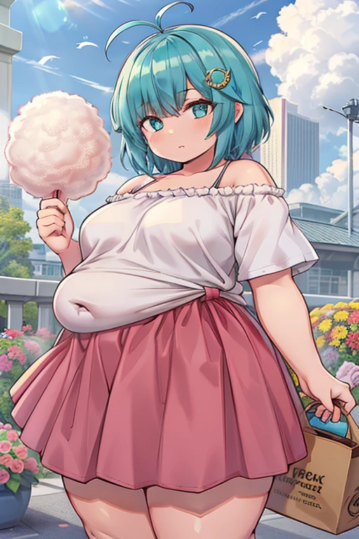 Illustration, UHD, retina, masterpiece, accurate, anatomically correct, obese body, super detail, high details, high quality, award winning, best quality, highres, good anatomy, 1080P, HD, 4K, 8k, 16k, 1girl, dynamic pose, androgynous, upper body potrait, detailed eyes, detailed clothes, detailed hair, rendering, 2 hands, 5 fingers, 2 legs, cotton candy hair, short hair, bangs, short locks, ahoge, teal eyes, gradient eyes, wearing a off shoulder white shirt