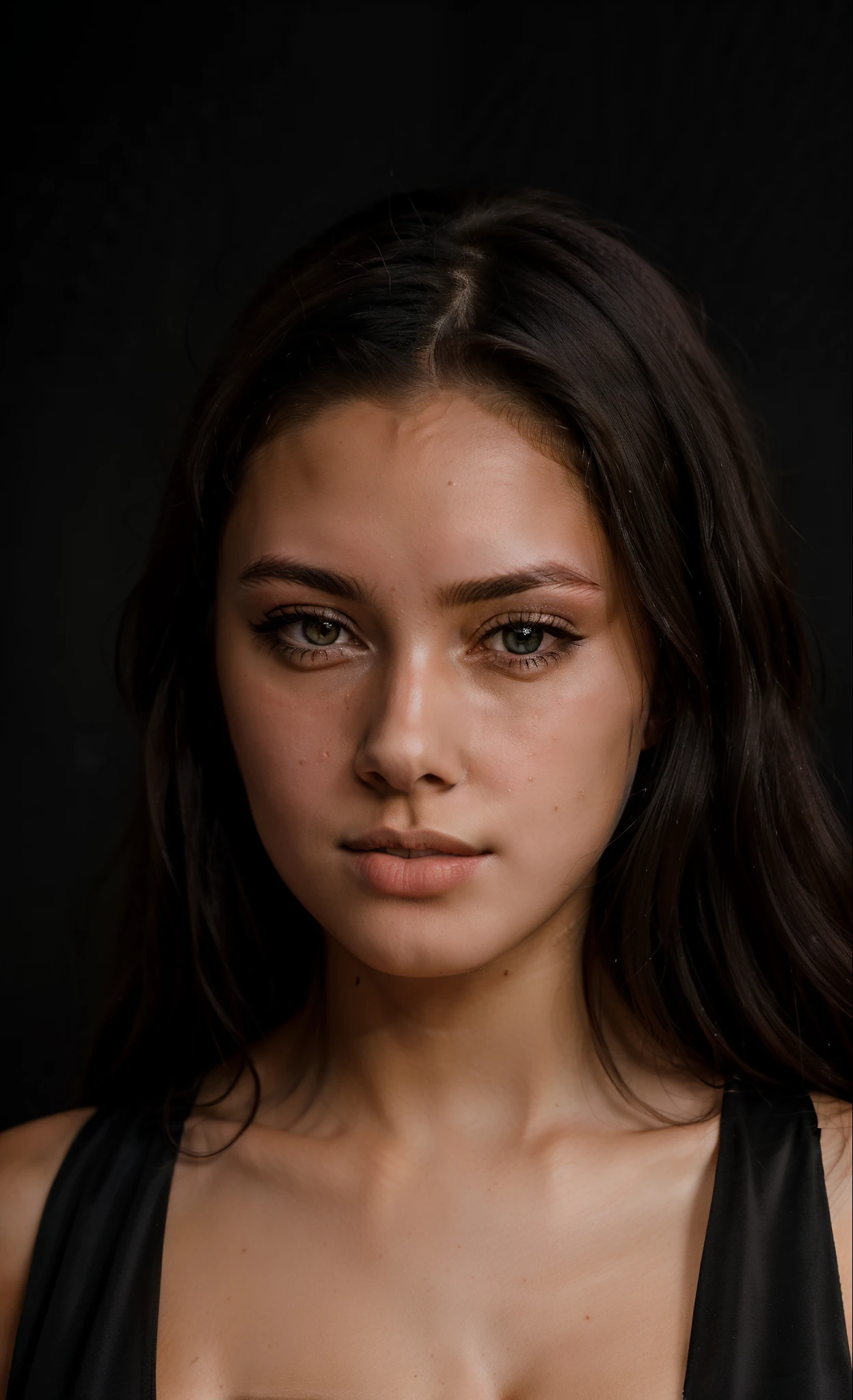 a close up of a woman in a black dress posing for a picture, in front of a black background, 16 year old female model, a beautiful young woman, 🤤 girl portrait, portrait, 16 years old, gorgeous young model, with a black background, she is about 16 years old, sexy gaze,