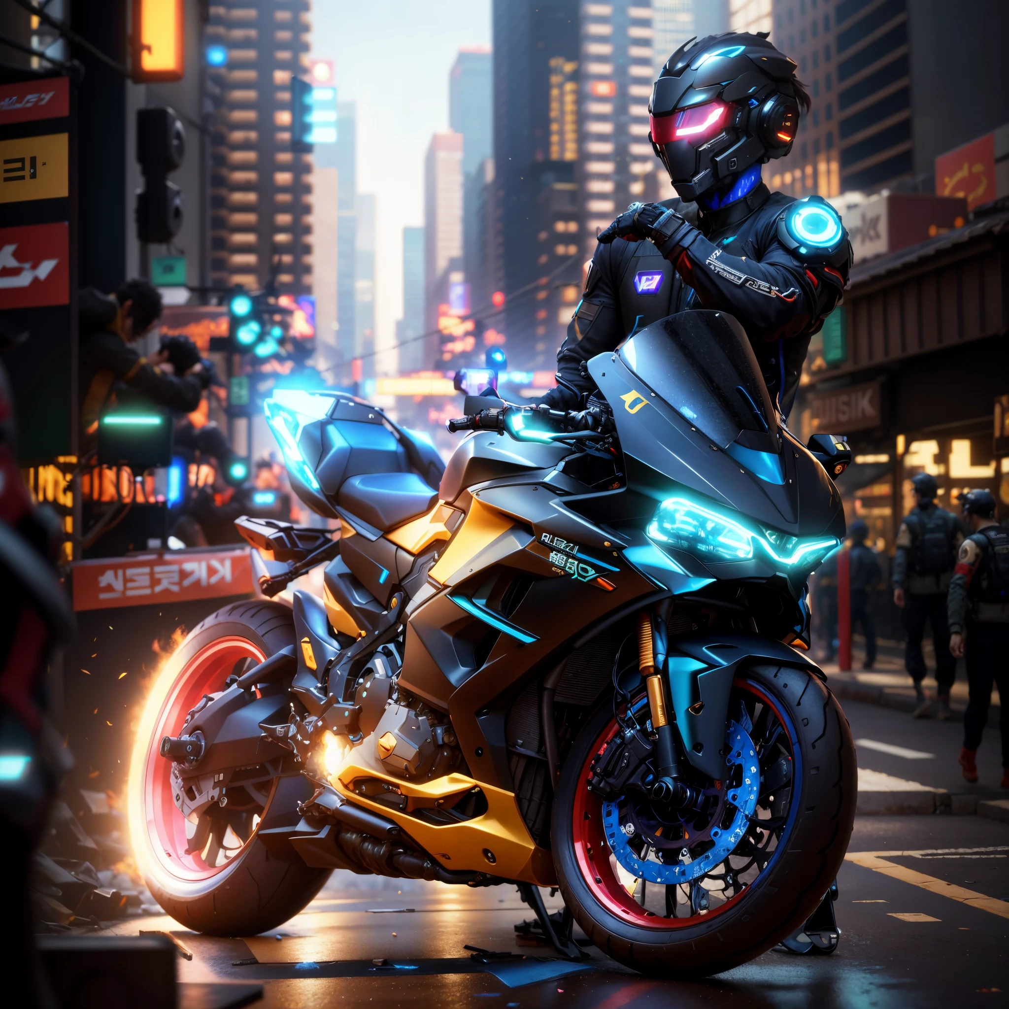 (ultra-realistic realism:1.1),(the detail:1.2)8K,Cyberpunk Korean handsome guy,Wearing a black full-face helmet, Realistic Face 8K, hyper realisitc, bokeh