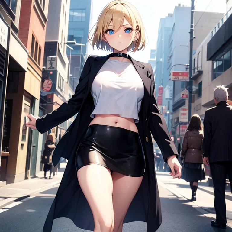 2D Anime Style、Blue eyes、breasts are slightly larger、A cool adult woman with short blonde hair and a shy expression....、Fashion that shows off your stomach, leather skirt and long coat, Walking around the city alone,