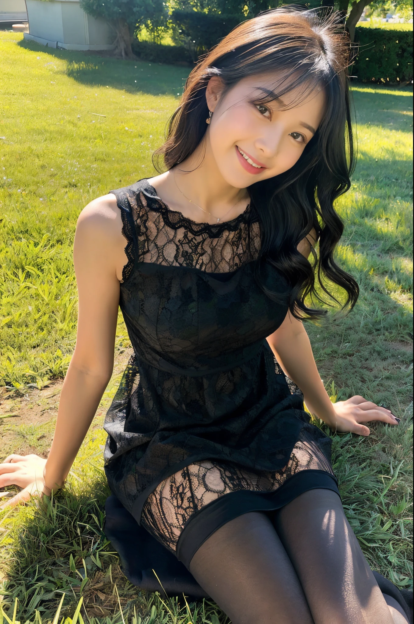 ulzzang -6500-v1.1, (Raw photo:1.2), (Photorealsitic),(Real: 1.4), Popular actresses、 (strapless black lace dress:1.3)、(Ultra-realistic pantyhose:1.2), game_nffsw, Ultra-realistic skin texture、shinny skin、Exposed thighs!!!、Smile of shame、Sitting on the lawn、Pose for shooting、Sunlight、Quiet park、