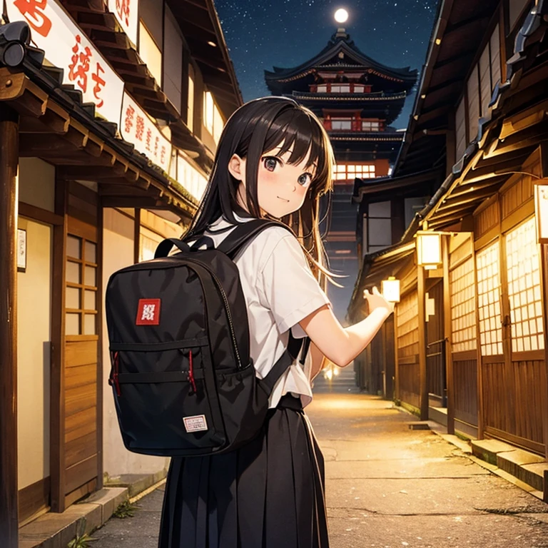 10yaers old,Hachikuji Temple True Night,backpack,School route,Looks Back