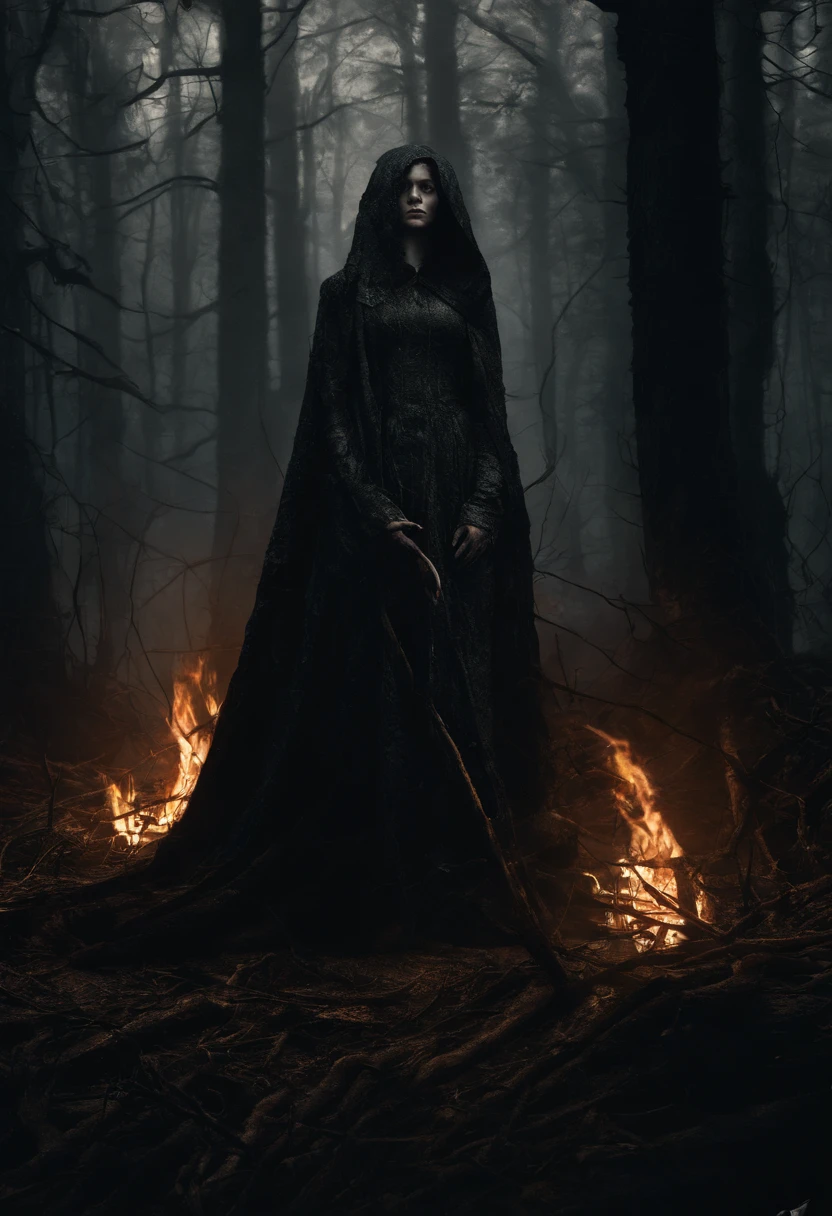 Imagine a moody and dense forest setting, where a woman with fire power stands, her face cloaked in shadows and illuminated only by the flickering flames she commands. The realism is heightened, capturing the details of her determined expression in the low light. The forest, shrouded in mist and dense foliage, adds an eerie and mysterious ambiance, creating an atmospheric scene.

In this cinematic portrayal, the woman's features emerge from the shadows, her eyes reflecting the intensity of the flames. The air is thick with suspense, and the detailed rendering of the forest accentuates the sense of depth and density. The glow from the fire power not only lights up her face but also casts haunting shadows, enhancing the overall mood.

The realism extends to the intricacies of her surroundings, from the dampness of the forest floor to the twisted branches overhead. This moody and dense atmosphere heightens the cinematic quality, immersing the viewer in a scene where the elemental power of fire clashes with the dark and enigmatic nature of the forest.