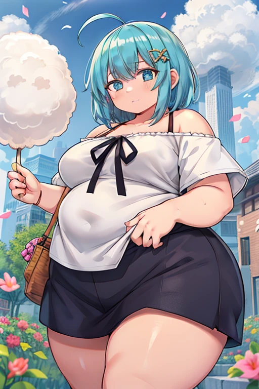 Illustration, UHD, retina, masterpiece, accurate, anatomically correct, obese body, super detail, high details, high quality, award winning, best quality, highres, good anatomy, 1080P, HD, 4K, 8k, 16k, 1girl, dynamic pose, thick thighs, upper body potrait, detailed eyes, detailed clothes, detailed hair, rendering, 2 hands, 5 fingers, 2 legs, cotton candy hair, short hair, bangs, short locks, ahoge, teal eyes, gradient eyes, wearing a off shoulder white shirt, cyan hair