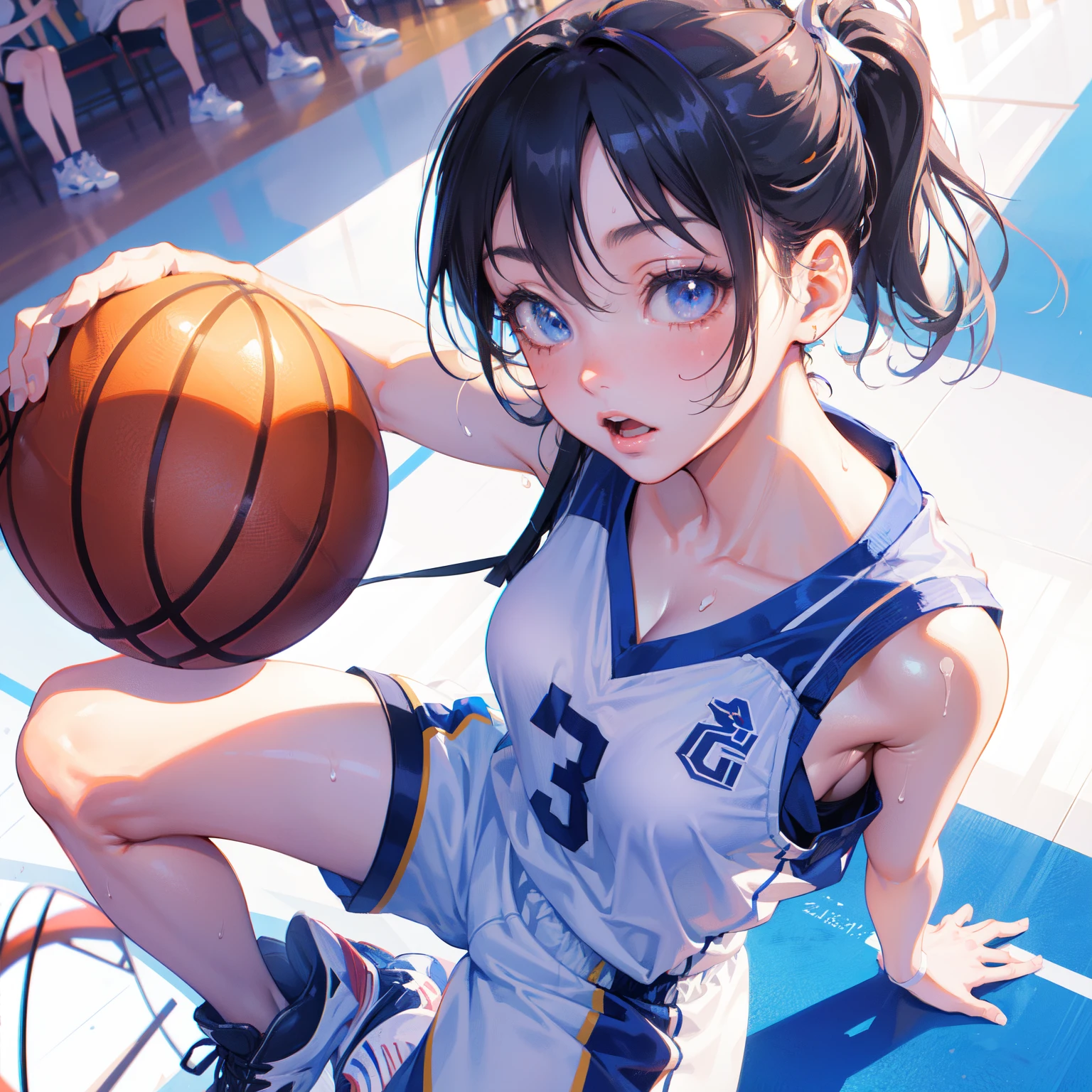 Best Quality, masutepiece, High resolution, (Anime Heroine Illustration), Anime Paint, 1beautiful girl ,Dynamic Angle,Female basketball players,small head,Large breasts,nice legs, Glowing skin, Sweat,At the basketball venue ,Cool,