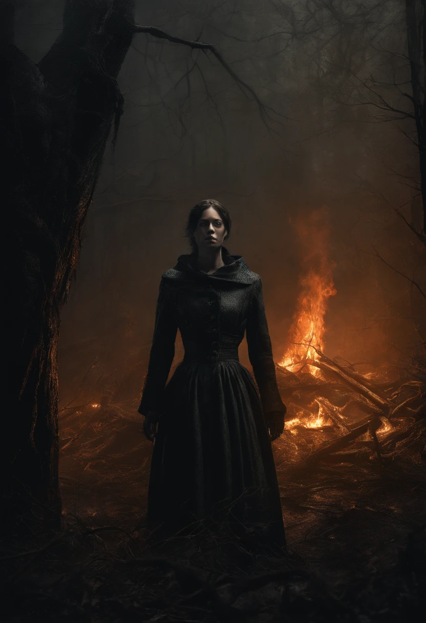 Imagine a moody and dense forest setting, where a woman with fire power stands, her face cloaked in shadows and illuminated only by the flickering flames she commands. The realism is heightened, capturing the details of her determined expression in the low light. The forest, shrouded in mist and dense foliage, adds an eerie and mysterious ambiance, creating an atmospheric scene.

In this cinematic portrayal, the woman's features emerge from the shadows, her eyes reflecting the intensity of the flames. The air is thick with suspense, and the detailed rendering of the forest accentuates the sense of depth and density. The glow from the fire power not only lights up her face but also casts haunting shadows, enhancing the overall mood.

The realism extends to the intricacies of her surroundings, from the dampness of the forest floor to the twisted branches overhead. This moody and dense atmosphere heightens the cinematic quality, immersing the viewer in a scene where the elemental power of fire clashes with the dark and enigmatic nature of the forest.