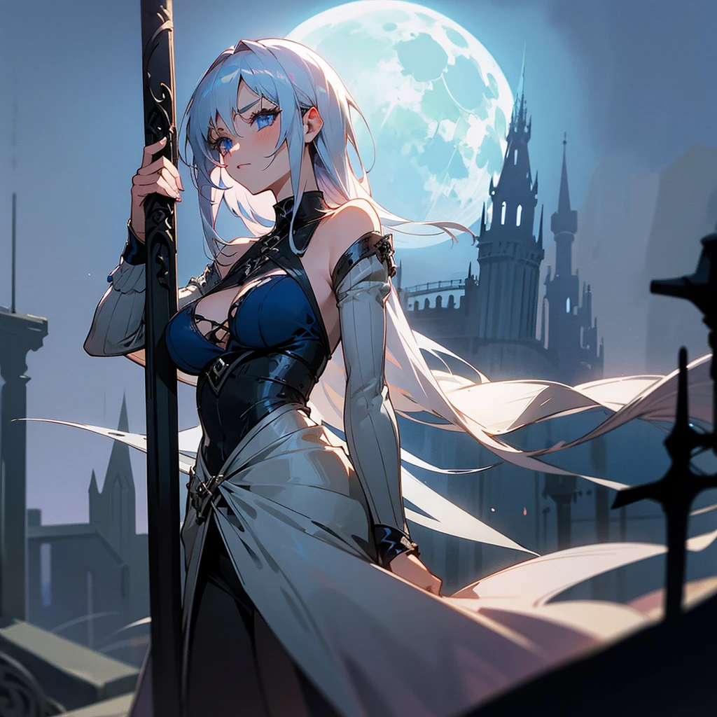 silber hair,blue eyes,Glamorous breasts,gothic lorita,Ruined medieval cityscape and blue full moon background,27yo,Norwegian,Anime style