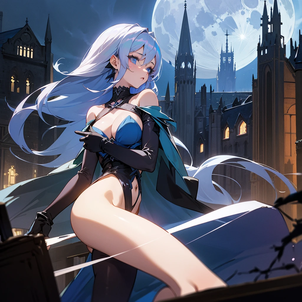 silber hair,blue eyes,Glamorous breasts,gothic lorita,Ruined medieval cityscape and blue full moon background,27yo,Norwegian,Anime style