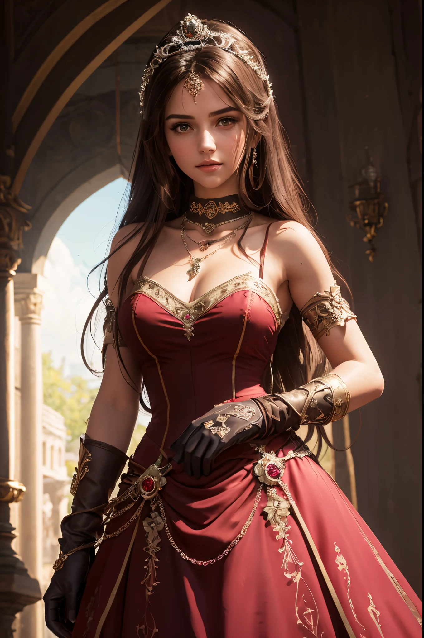 high level of detail, best quality, masterpiece, 1girl, garnet-smf, jewelry, solo, necklace, dress, long hair, tiara, breasts, brown eyes, gloves, brown hair, elbow gloves, cleavage, bare shoulders, medium breasts, white dress, strapless, wedding dress, white gloves, lips, strapless dress, princess ,lips, black hair, skin tight, cowboy shot, collarbone, low-tied long hair, outdoors, castle, clouds, garnet from final fantasy 9, (masterpiece, best quality:1.2),(8k,highres,RAW photo,realistic,photo-realistic:1.3),(detailed skin texture,detailed cloth texture,beautiful detailed face:1.25),professional lighting,photon mapping,beautiful soft light,radiosity,physically-based rendering,model shoot style, model shoot style, (extremely detailed CG unity 8k wallpaper), full shot body photo of the most beautiful artwork in the world, complex 3d render ultra detailed, looking at viewer, 18 yo, wet hair, real human skin, vibrant details, hyperrealistic, beautiful, octane render, 8k, best quality, masterpiece, an extremely delicate and beautiful, extremely detailed ,CG ,unity ,wallpaper, (realistic, photo-realistic:1.37),Amazing, finely detail, masterpiece,best quality,official art, extremely detailed CG unity 8k wallpaper ,extreme detailed eyes, (perfect face), shiny skin, colorful, highest detailed, vibrant colors, ultra high res, (high contrast), intricate, lens flare,