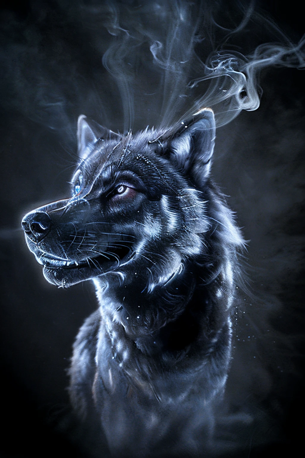 bioluminescent wolf face, hyper realistic wolf face, high detail wolf head made of smoke