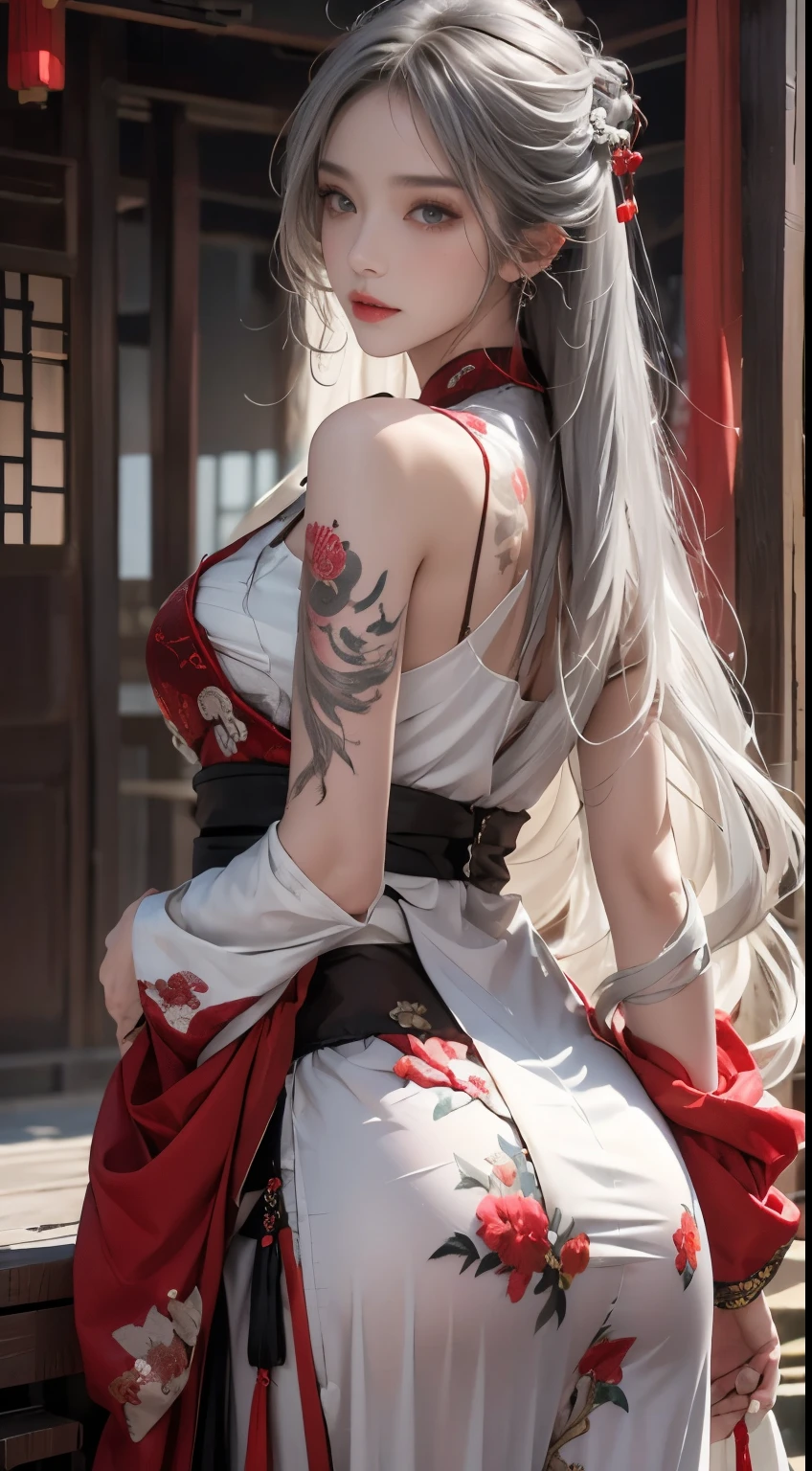 realistically, A high resolution, 1人の女性, butt lift, pretty eyes, Long gray hair, eye socket, jewely, tattoo is, Hanfu, a beautiful woman in China, Red embroidered Hanfu