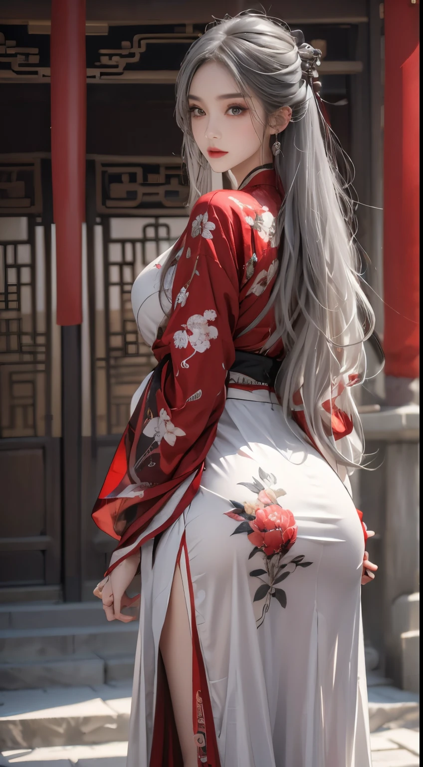 realistically, A high resolution, 1人の女性, butt lift, pretty eyes, Long gray hair, eye socket, jewely, tattoo is, Hanfu, a beautiful woman in China, Red embroidered Hanfu