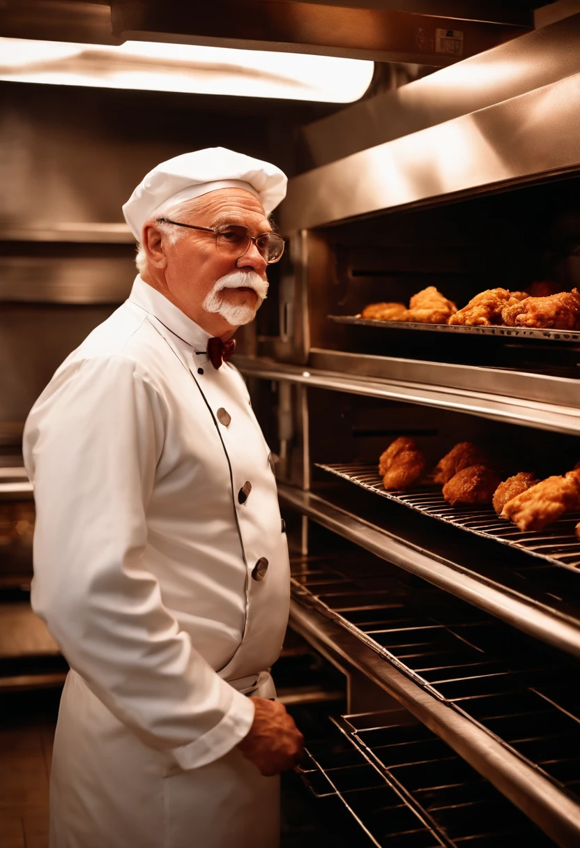 A photo of me standing in front of a row of ovens, checking on the golden brown fried chicken as it cooks to perfection,original,Colonel Sanders