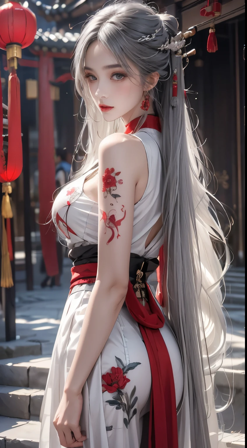 realistically, A high resolution, 1人の女性, butt lift, pretty eyes, Long gray hair, eye socket, jewely, tattoo is, Hanfu, Chinese beautiful woman, Red embroidered Chinese clothing