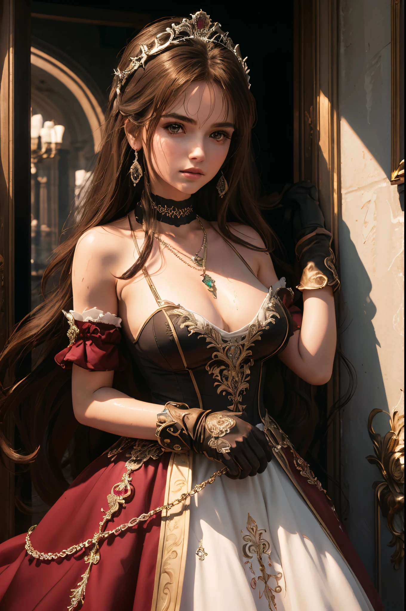 high level of detail, best quality, masterpiece, 1girl, garnet-smf, jewelry, solo, necklace, dress, long hair, tiara, breasts, brown eyes, gloves, brown hair, elbow gloves, cleavage, bare shoulders, medium breasts, white dress, strapless, wedding dress, white gloves, lips, strapless dress, princess ,lips, black hair, skin tight, cowboy shot, collarbone, low-tied long hair, outdoors, castle, clouds, garnet from final fantasy 9, (masterpiece, best quality:1.2),(8k,highres,RAW photo,realistic,photo-realistic:1.3),(detailed skin texture,detailed cloth texture,beautiful detailed face:1.25),professional lighting,photon mapping,beautiful soft light,radiosity,physically-based rendering,model shoot style, model shoot style, (extremely detailed CG unity 8k wallpaper), full shot body photo of the most beautiful artwork in the world, complex 3d render ultra detailed, looking at viewer, 18 yo, wet hair, real human skin, vibrant details, hyperrealistic, beautiful, octane render, 8k, best quality, masterpiece, an extremely delicate and beautiful, extremely detailed ,CG ,unity ,wallpaper, (realistic, photo-realistic:1.37),Amazing, finely detail, masterpiece,best quality,official art, extremely detailed CG unity 8k wallpaper ,extreme detailed eyes, (perfect face), shiny skin, colorful, highest detailed, vibrant colors, ultra high res, (high contrast), intricate, lens flare,