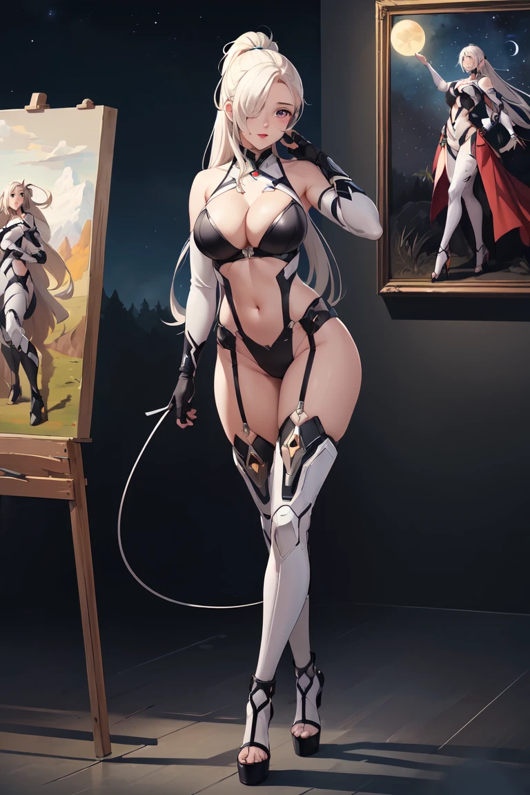 (Best quality at best,Unbeatable masterpiece:1.4),Ultra-detailed CG 4K,Black metal mech，Single high ponytail，Metal heels，Huge cleavage，Nipple presentation，Long white hair，AS-Adult，hair covering one eye，smooth thigh，standing with legs apart，in the stars，face to the viewer，Nipple presentation，navel